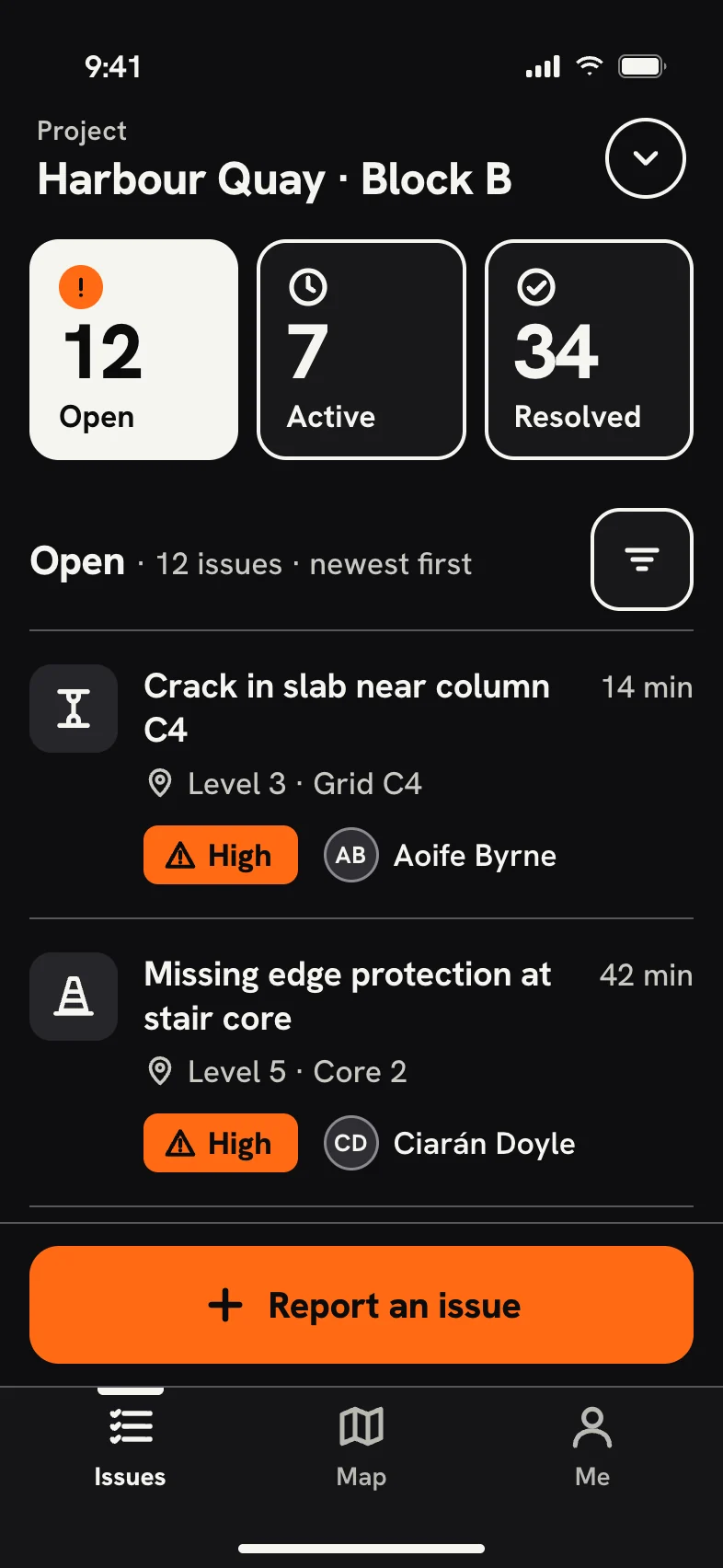 The same ticket dashboard in dark mode.