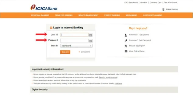 The original ICICI net banking login: a single User ID and password form.