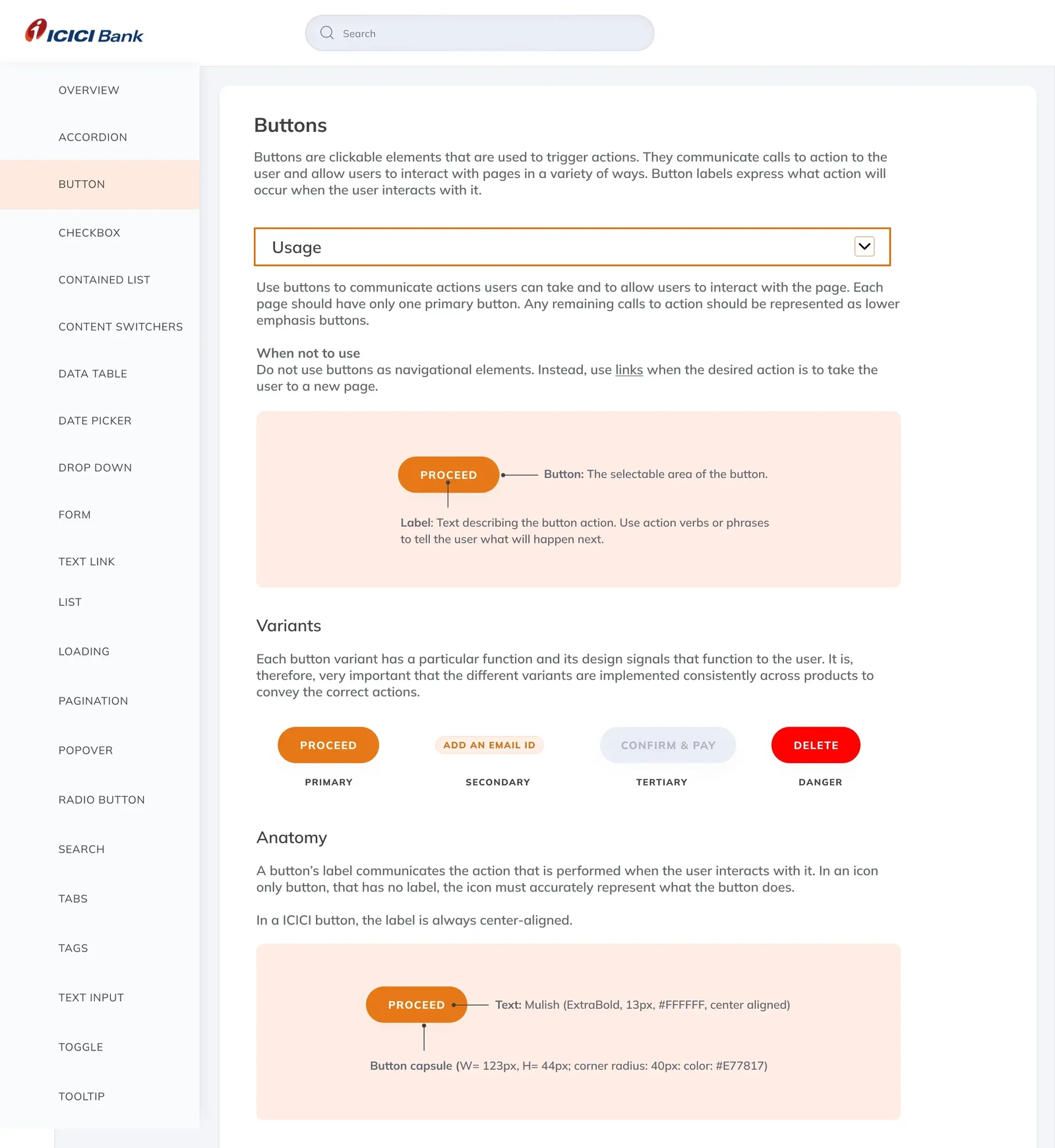 Button documentation: usage, when not to use, primary, secondary, tertiary and danger variants, and anatomy with exact size, radius, colour and type specs.