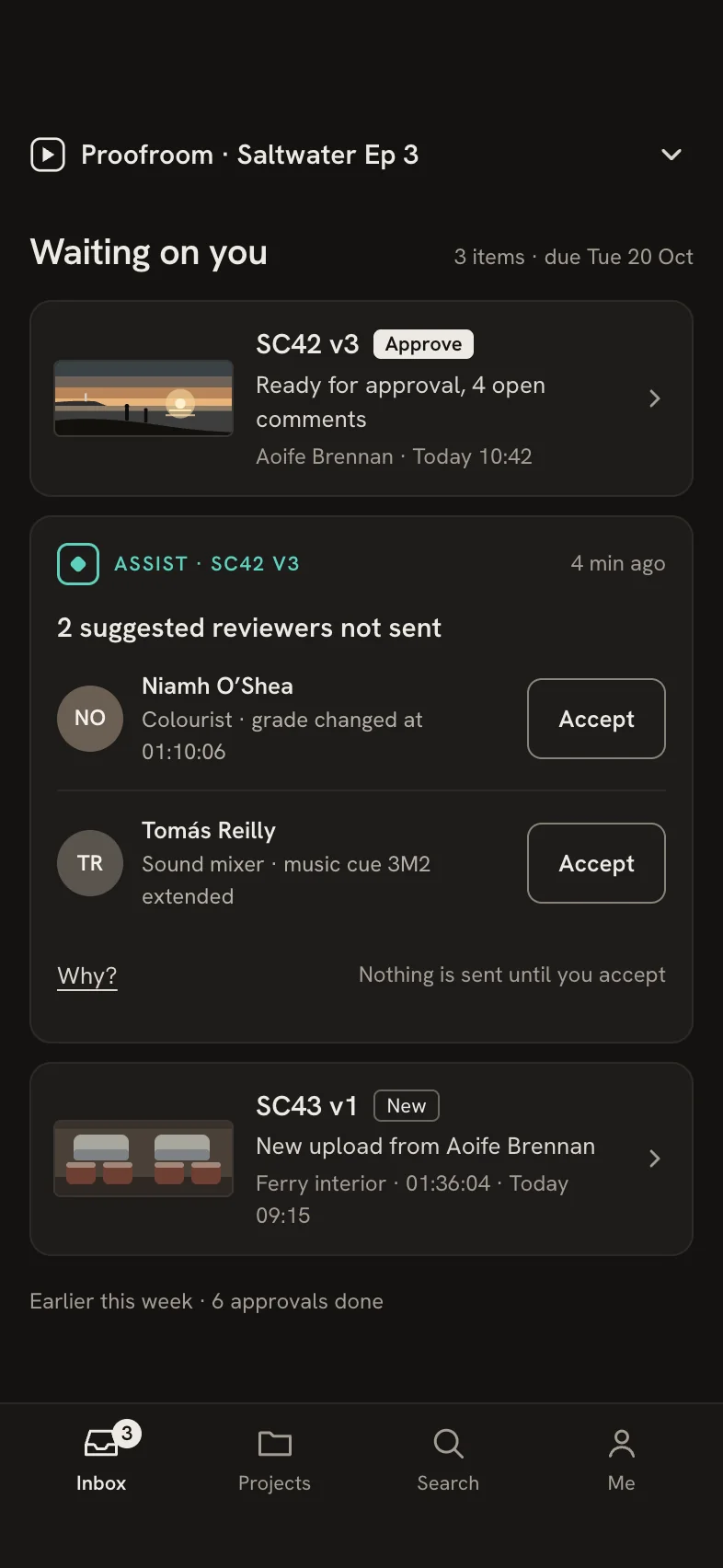 Mobile inbox titled Waiting on you, with SC42 v3 ready for approval, an Assist card with two suggested reviewers, and a new upload.