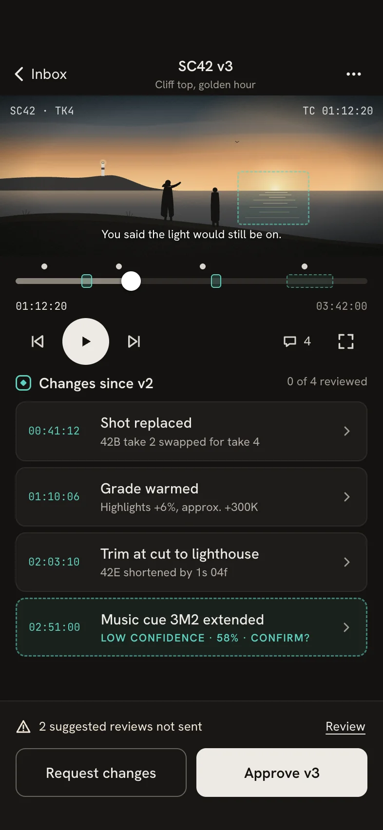 Mobile review of SC42 v3 with the film frame, a scrubber marking comments and changes, the list of changes since v2, and Approve and Request changes buttons.