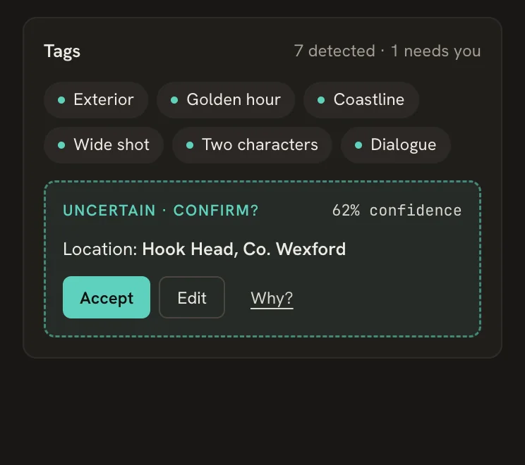 Tags card with an uncertain location tag, Hook Head, at 62% confidence, and Accept, Edit and Why options.