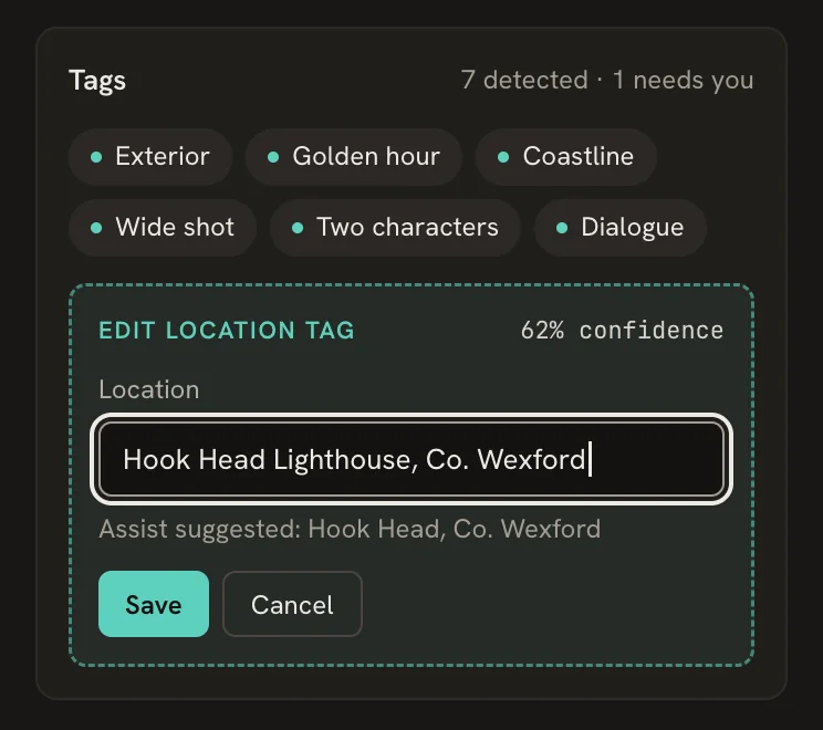 The location tag being edited to Hook Head Lighthouse, with the AI's original suggestion shown underneath.